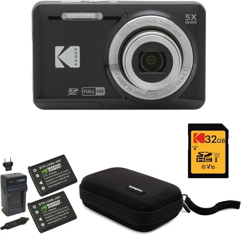 Kodak Pixpro FZ55 16MP Compact Camera, 5X Optical, 1080p (Black, 4 Items) | Bundle: 32GB SD, Case and Battery Travel Charger. FZ55, 16.35MP, 1080p Video in Kuwait
