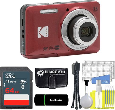 Kodak PIXPRO FZ55 Blue 16MP Digital Camera 5X Optical Zoom 28mm Wide Angle 1080P Full HD Video 2.7" LCD Camera + 64GB Card and Reader + Memory Wallet + Tripod + Cleaning Bundle in Kuwait