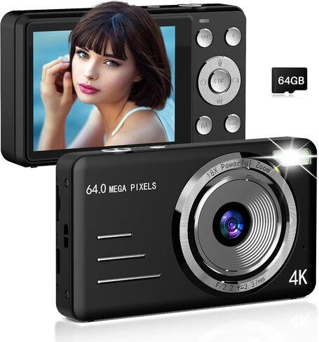 كاميرا رقمية FHD 1080P للأطفال، 48 ميجابكسل نقطة واطلاق النار مع بطاقة 64 جيجابايت، تكبير 16X، مضادة للاهتزاز، كاميرا صغيرة مدمجة للأطفال هدايا للمراهقات والبنات والأولاد باللون الأسود in Kuwait