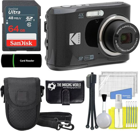 Kodak PIXPRO FZ45 16MP Digital Camera 4X Optical Zoom 27mm Wide Angle 1080P Full HD Video 2.7" LCD Camera (Red) + 64GB Card and Reader + Case + Memory Wallet + Tripod + Cleaning Bundle in Kuwait