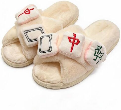 Mahjong Fuzzy Slippers for Women Cozy Plush Cross Band House Shoes in Kuwait