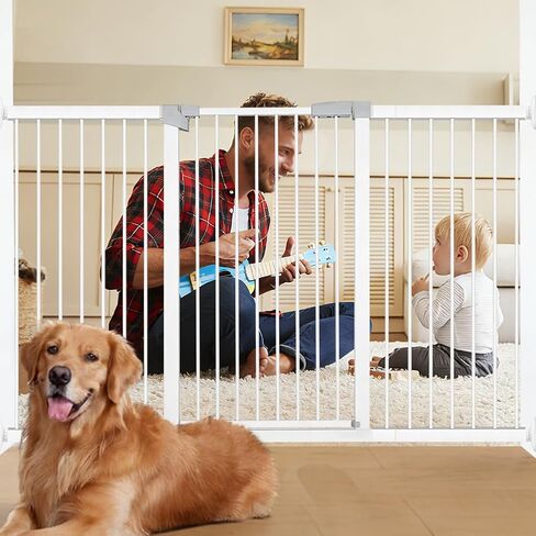Extra Wide Dog Gate for Doorways Hallways 71.2"-76.7", 30 in Tall Baby Gates with Door No Drill, Auto Close Child Safety Gate for Pet Kid Doggie Cat Proof, Large Long Dog Barrier Indoor House, White in Kuwait