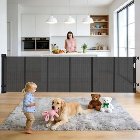 Retractable Baby and Dog Gate 55 Inch Wide 33 Inch Tall White | Screw Mounted, Two Step Lock, Anti Scratch Mesh, No Bottom Bar, Anti Sagging, Indoor Outdoor Use, Doorways Hallways Patios in Kuwait