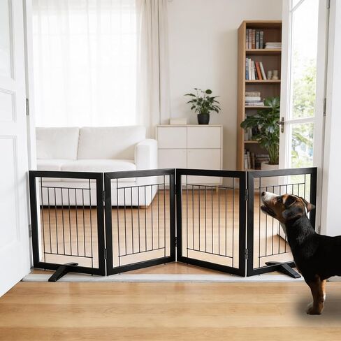 Dog Fence Indoor - 4-Panel Freestanding Dog Gate for Doorways, Hallways, House or Stairs -80x24-Inch Retractable Foldable Expandable Wood Pet by SFJC (Black) in Kuwait