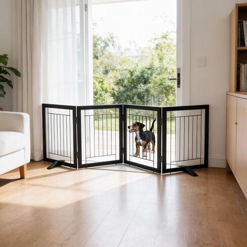 Dog Fence Indoor - 4-Panel Freestanding Dog Gate for Doorways, Hallways, House or Stairs -80x24-Inch Retractable Foldable Expandable Wood Pet by SFJC (Black) in Kuwait