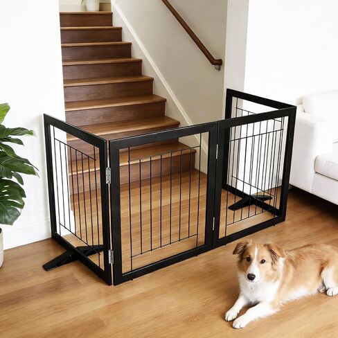 Dog Fence Indoor - 4-Panel Freestanding Dog Gate for Doorways, Hallways, House or Stairs -80x24-Inch Retractable Foldable Expandable Wood Pet by SFJC (Black) in Kuwait
