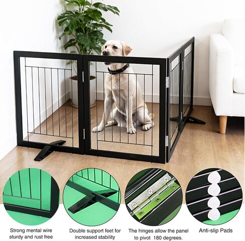 Dog Fence Indoor - 4-Panel Freestanding Dog Gate for Doorways, Hallways, House or Stairs -80x24-Inch Retractable Foldable Expandable Wood Pet by SFJC (Black) in Kuwait