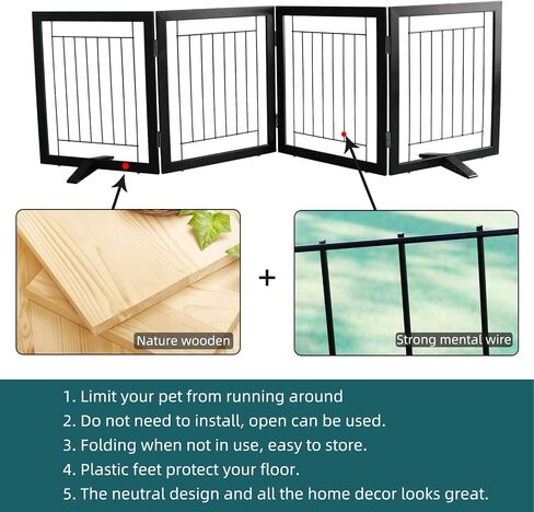 Dog Fence Indoor - 4-Panel Freestanding Dog Gate for Doorways, Hallways, House or Stairs -80x24-Inch Retractable Foldable Expandable Wood Pet by SFJC (Black) in Kuwait