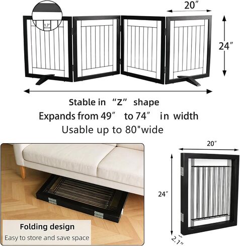 Dog Fence Indoor - 4-Panel Freestanding Dog Gate for Doorways, Hallways, House or Stairs -80x24-Inch Retractable Foldable Expandable Wood Pet by SFJC (Black) in Kuwait
