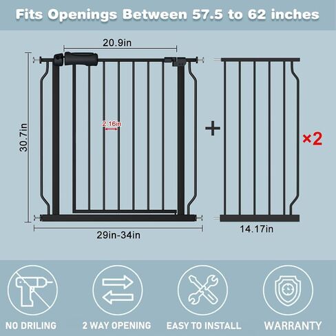 Extra Wide Baby Gate 53-62 Inch Black Walk THR Dog Gates Doorways House No Drill Pressure Mounted Auto Close Long Child Safety Gate for Kids and Pet in Kuwait