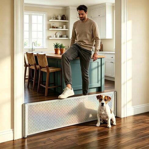 17" Step Over Retractable Dog Gate, 49" Wide Adjustable No-Drill Pet Barrier, Plastic Indoor Puppy Gate for Doorways Stairs Hallways, Small Dog Containment with Adhesive Hooks in Kuwait