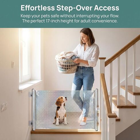 17" Step Over Retractable Dog Gate, 49" Wide Adjustable No-Drill Pet Barrier, Plastic Indoor Puppy Gate for Doorways Stairs Hallways, Small Dog Containment with Adhesive Hooks in Kuwait