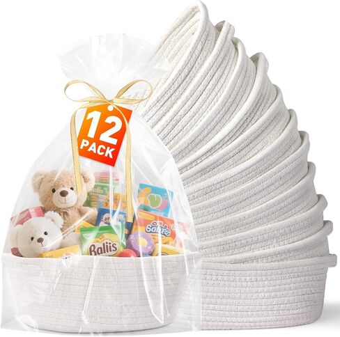 Small Woven Gift Baskets, 12 Pack White Rope Baskets with Gift Bags | Cotton rope; Includes ribbons; Baby shower gifts; Easter baskets; Party favors; Home storage in Kuwait
