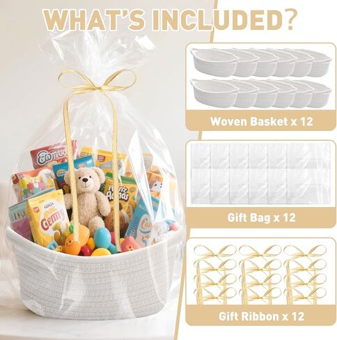 Small Woven Gift Baskets, 12 Pack White Rope Baskets with Gift Bags | Cotton rope; Includes ribbons; Baby shower gifts; Easter baskets; Party favors; Home storage in Kuwait