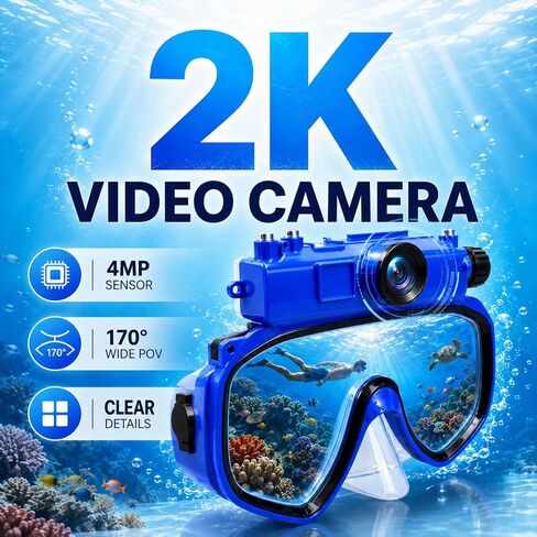 2K Snorkeling Mask Camera for Swimming and Diving | 15 m Waterproof, Wi-Fi Sharing, Ocean Exploration Use & 16GB TF Card Included in Kuwait