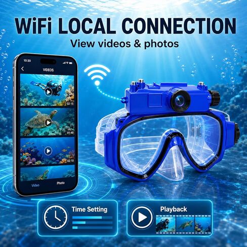 2K Snorkeling Mask Camera for Swimming and Diving | 15 m Waterproof, Wi-Fi Sharing, Ocean Exploration Use & 16GB TF Card Included in Kuwait
