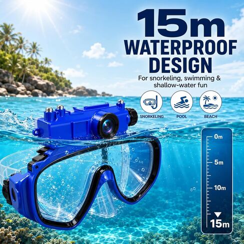 2K Snorkeling Mask Camera for Swimming and Diving | 15 m Waterproof, Wi-Fi Sharing, Ocean Exploration Use & 16GB TF Card Included in Kuwait