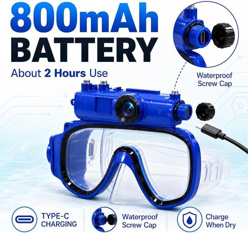 2K Snorkeling Mask Camera for Swimming and Diving | 15 m Waterproof, Wi-Fi Sharing, Ocean Exploration Use & 16GB TF Card Included in Kuwait