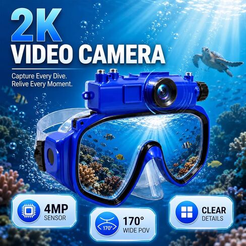 2K Underwater Camera Mask with Wide-Angle Lens | Hands-Free Recording, 15 m Waterproof, Detachable Camera, Wi-Fi Transfer & 16GB Card in Kuwait