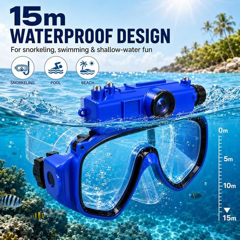 2K Underwater Camera Mask with Wide-Angle Lens | Hands-Free Recording, 15 m Waterproof, Detachable Camera, Wi-Fi Transfer & 16GB Card in Kuwait