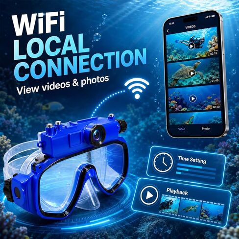 2K Underwater Camera Mask with Wide-Angle Lens | Hands-Free Recording, 15 m Waterproof, Detachable Camera, Wi-Fi Transfer & 16GB Card in Kuwait
