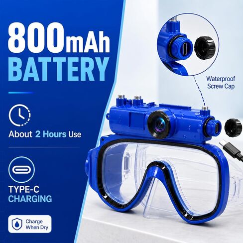 2K Underwater Camera Mask with Wide-Angle Lens | Hands-Free Recording, 15 m Waterproof, Detachable Camera, Wi-Fi Transfer & 16GB Card in Kuwait