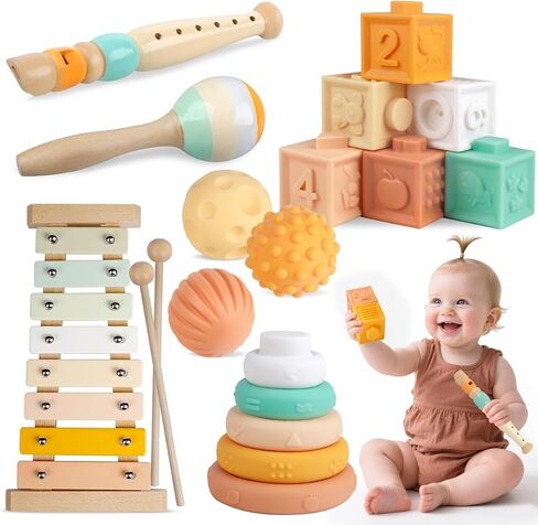 Montessori Baby Toys 6 in 1, Wooden Musical Instruments Xylophone 6 Months+ | Stacking Building Blocks, Sensory Balls, Infant Teething Toy, Birthday Gift for Toddlers Boys Girls 6 12 18 Months in Kuwait