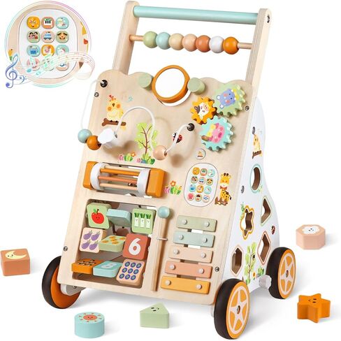 Wooden Baby Walker, Montessori Push Walker for Toddlers Learning Discovery | 10 in 1 Activity Center with Beads, Gears, Shape Sorter, Xylophone, Adjustable Speed & Height Sensory Toys Gift for Baby Kids in Kuwait