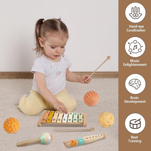 Montessori Baby Toys 6 in 1, Wooden Musical Instruments Xylophone 6 Months+ | Stacking Building Blocks, Sensory Balls, Infant Teething Toy, Birthday Gift for Toddlers Boys Girls 6 12 18 Months in Kuwait