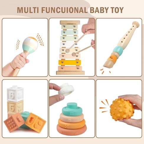 Montessori Baby Toys 6 in 1, Wooden Musical Instruments Xylophone 6 Months+ | Stacking Building Blocks, Sensory Balls, Infant Teething Toy, Birthday Gift for Toddlers Boys Girls 6 12 18 Months in Kuwait
