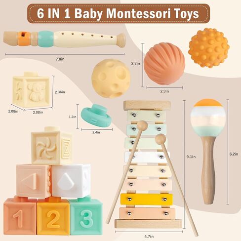 Montessori Baby Toys 6 in 1, Wooden Musical Instruments Xylophone 6 Months+ | Stacking Building Blocks, Sensory Balls, Infant Teething Toy, Birthday Gift for Toddlers Boys Girls 6 12 18 Months in Kuwait