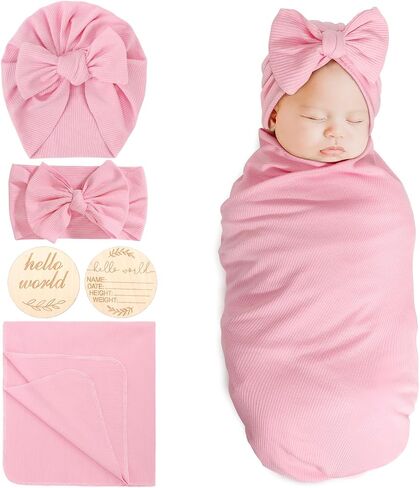 AQOKKA Newborn Receiving Blanket with Bow Hat Headband Wooden Card Set Newborns Toddler Baby Boy Girl Nursery Swaddle Wrap in Kuwait