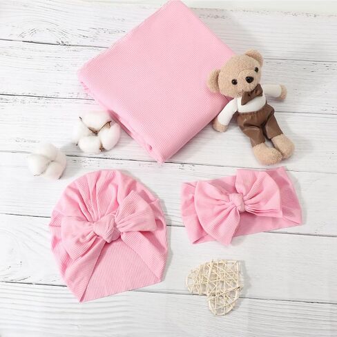 AQOKKA Newborn Receiving Blanket with Bow Hat Headband Wooden Card Set Newborns Toddler Baby Boy Girl Nursery Swaddle Wrap in Kuwait