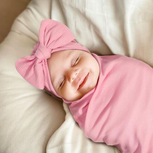 AQOKKA Newborn Receiving Blanket with Bow Hat Headband Wooden Card Set Newborns Toddler Baby Boy Girl Nursery Swaddle Wrap in Kuwait