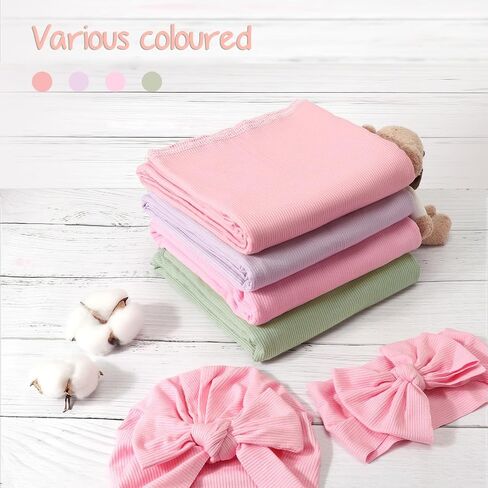 AQOKKA Newborn Receiving Blanket with Bow Hat Headband Wooden Card Set Newborns Toddler Baby Boy Girl Nursery Swaddle Wrap in Kuwait