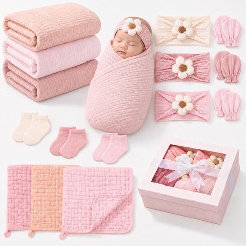 Ramede 15 Pcs Pink Muslin Newborn Preemie Swaddle Gift Set for Baby Girls, Soft Muslin Swaddle Blanket Wraps Set with Headbands, Socks & Bibs, Baby Shower Box, 0-3 Month Newborn Must Have Gift in Kuwait