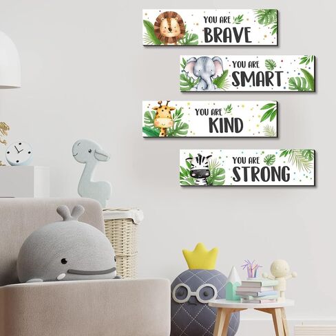 UBLURO 4 Pieces Jungle Animals Wall Art Decors - Motivational Wall Art，Jungle Animals Wooden Hanging Wall Prints Plaques，Nursery and playroom Decor in Kuwait