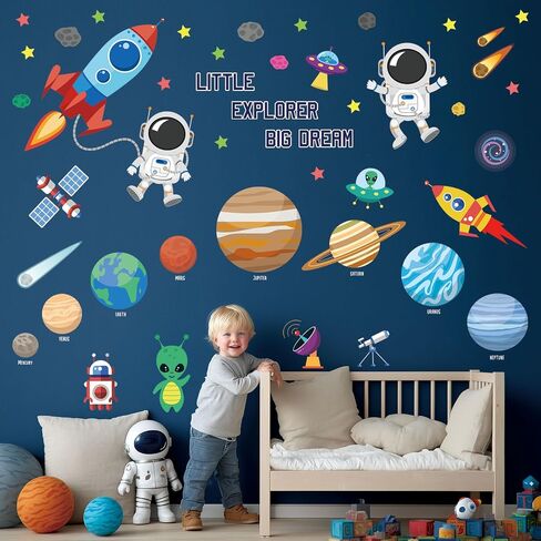 DECOWALL DS9-8058 Outer Space wall Decals Stickers Kids Bedroom Room décor Nursery Boys Galaxy Stars Astronaut Planets Solar System Dark Removable Decoration Living Spaceship Window Art Mural Peel in Kuwait