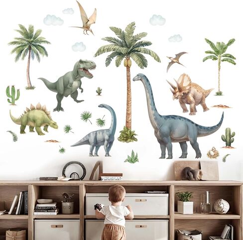 Large Dinosaur Wall Decals - Tropical Palm Tree Leaf Dino Wall Stickers - Nursery Kids Baby Boys Room Daycare Playroom Classroom Wall Decor in Kuwait