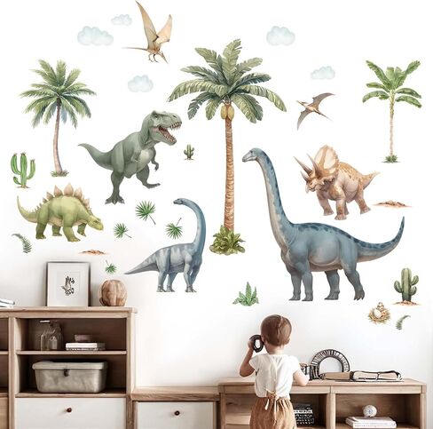 Large Dinosaur Wall Decals - Tropical Palm Tree Leaf Dino Wall Stickers - Nursery Kids Baby Boys Room Daycare Playroom Classroom Wall Decor in Kuwait