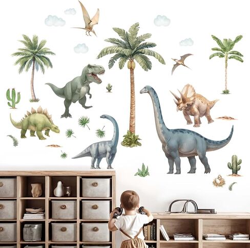 Large Dinosaur Wall Decals - Tropical Palm Tree Leaf Dino Wall Stickers - Nursery Kids Baby Boys Room Daycare Playroom Classroom Wall Decor in Kuwait