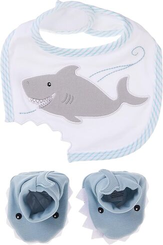 Baby Aspen Shark Bib and Booties Gift Set - Unique Baby Shower Gifts for Boys - 100% Cotton Newborn Bibs and Baby Booties 0-3 Months - Baby Boy Essentials, Cute Shark Week Gift Idea in Kuwait