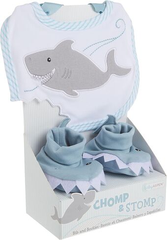 Baby Aspen Shark Bib and Booties Gift Set - Unique Baby Shower Gifts for Boys - 100% Cotton Newborn Bibs and Baby Booties 0-3 Months - Baby Boy Essentials, Cute Shark Week Gift Idea in Kuwait