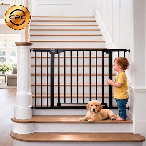 Pressure Mounted Baby Gate for Stairs, Extra Wide 29-48.8 Inch Adjustable, Auto-Close, Double Lock, 29.9" Tall Metal Dog Gates for Doorways, Kitchen & Hallways, CPC & CE Certified, Black in Kuwait