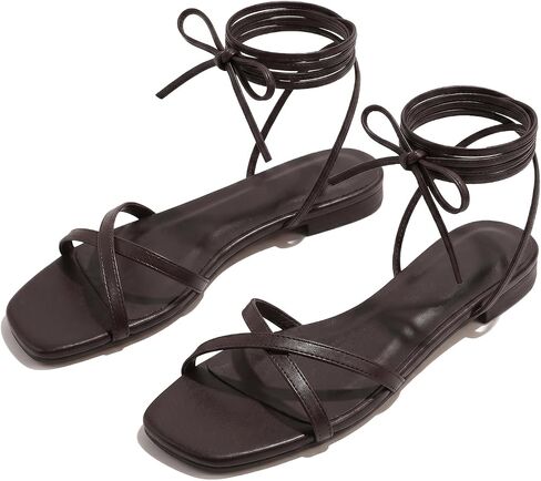 Strappy Flats Sandals for Women Comfortable Square Toe Lace Up Slides Beach Gladiator Wrap Sandal Shoes in Kuwait