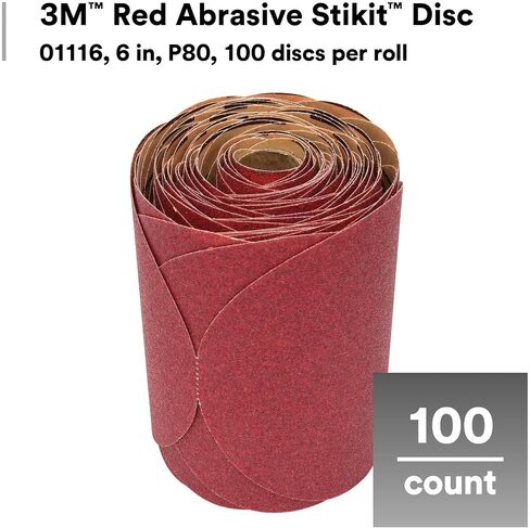 3M Red Abrasive Stikit Disc, 01116, 6 in, P80 Grade | 100 Disc Roll, for Auto Sanding, Primer Sanding, Rough Feather Edging in Kuwait