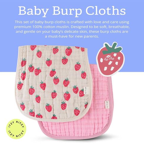 Itzy Ritzy Set of 2 Baby Burp Cloths – Ultra-Soft Absorbent Burping Cloths for Babies - Made of 100% Cotton Muslin and Generously Sized with Trendy Coordinating Prints – Machine Washable (Strawberry) in Kuwait