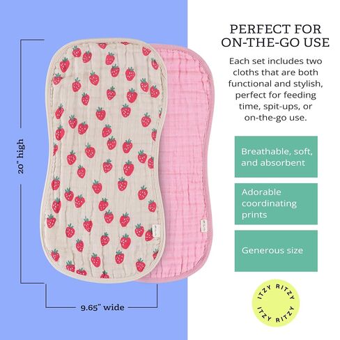 Itzy Ritzy Set of 2 Baby Burp Cloths – Ultra-Soft Absorbent Burping Cloths for Babies - Made of 100% Cotton Muslin and Generously Sized with Trendy Coordinating Prints – Machine Washable (Strawberry) in Kuwait