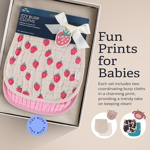 Itzy Ritzy Set of 2 Baby Burp Cloths – Ultra-Soft Absorbent Burping Cloths for Babies - Made of 100% Cotton Muslin and Generously Sized with Trendy Coordinating Prints – Machine Washable (Strawberry) in Kuwait