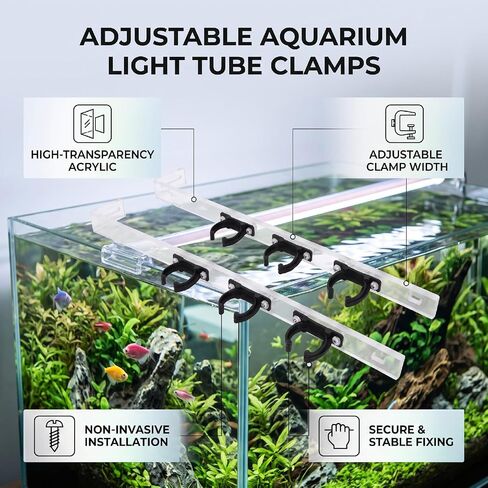 Cryfokt 6 Fish Tank Light Tube Clips with 2 Brackets for LED Tube, Acrylic | Aquarium Light Tube Clips, Adjustable Aquarium Light Tube Clamp Holder with 92% Light Transmittance for Glass Aquarium in Kuwait